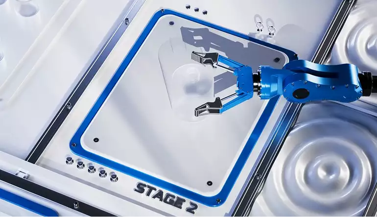 6-axis robot visualization of robotic arm gripping object on stage panel labeled stage 2 in clean setup