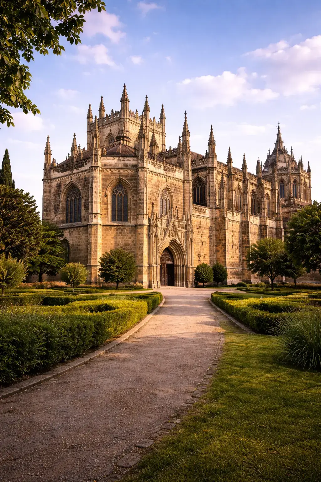 Why Gothic Architecture Looks So Dramatic Gothic cathedral seen from an angle with flying buttresses, pinnacles, and a formal garden path