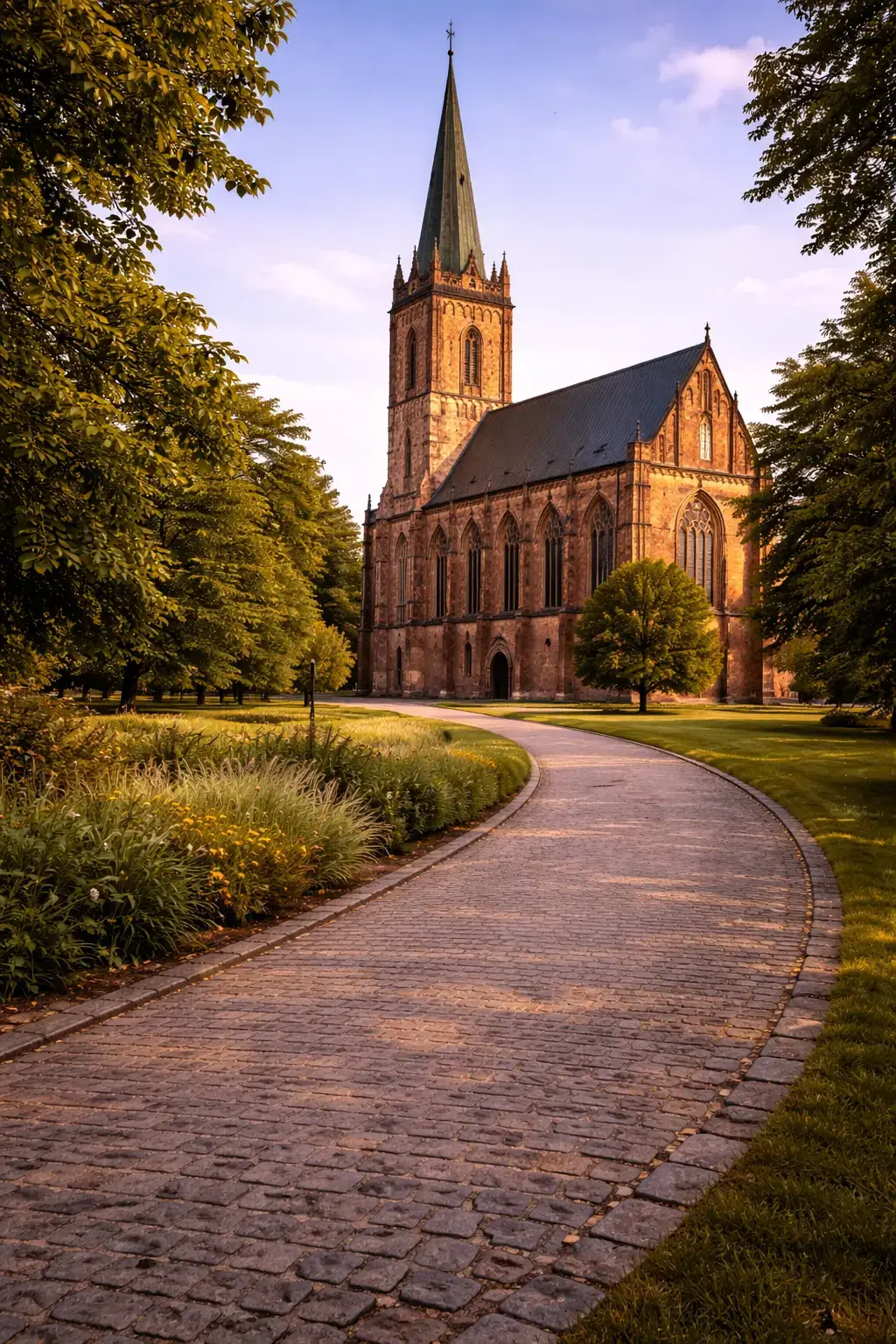 Why Gothic Architecture Looks So Dramatic Brick Gothic church with a tall spire, lancet windows, and a winding cobblestone path through trees