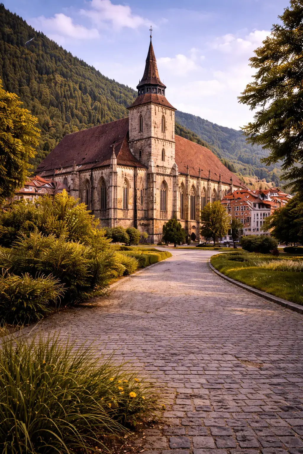 Why Gothic Architecture Looks So Dramatic Brick Gothic church with a steep roof and tower, framed by mountains and a winding stone path