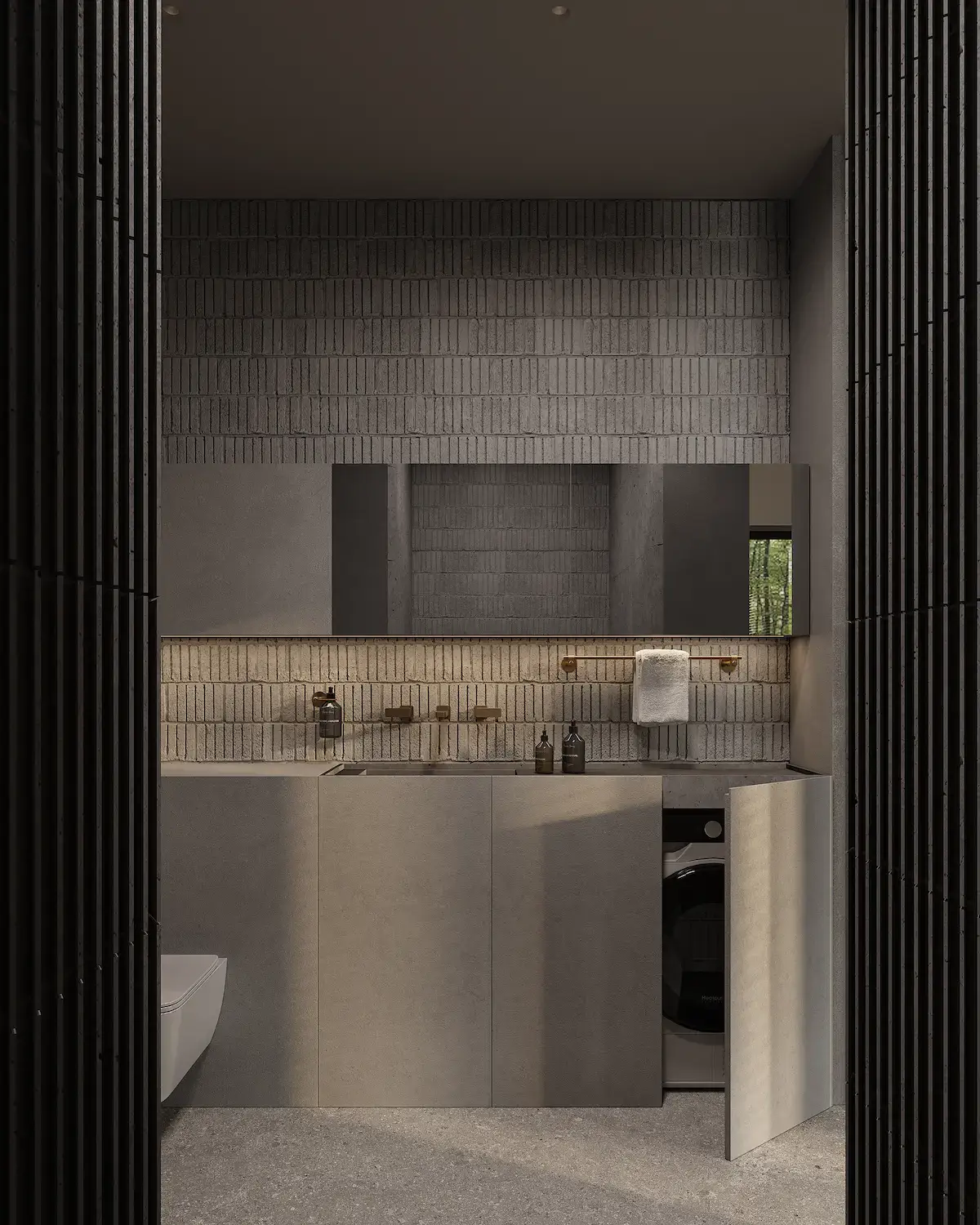 How Much Is a Modular House: Cost Breakdown by Size minimalist modular home bathroom with textured tile wall, floating vanity, and hidden laundry unit
