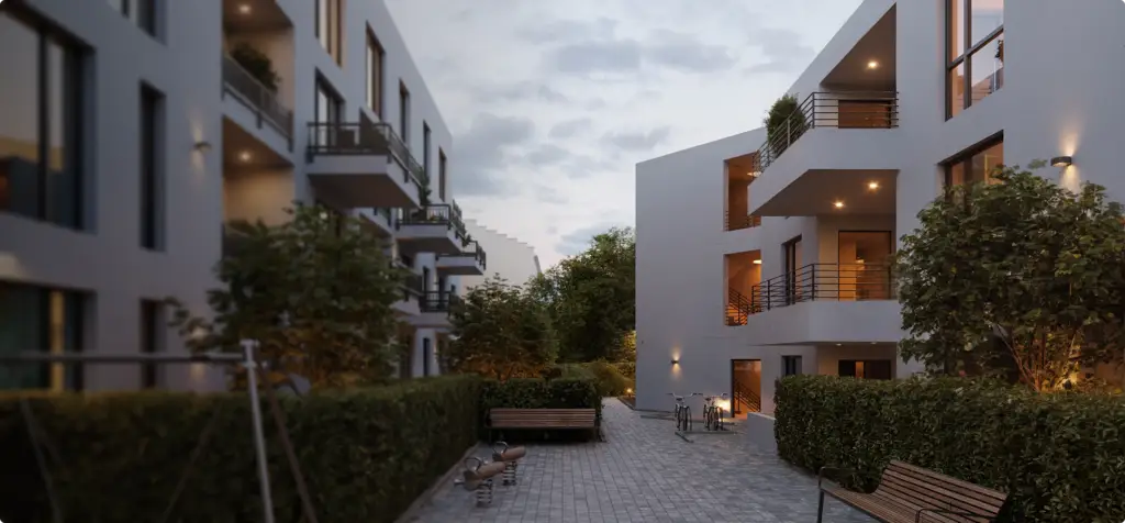 3D exterior rendering of modern apartment buildings with balconies, courtyard path, trees, evening lighting