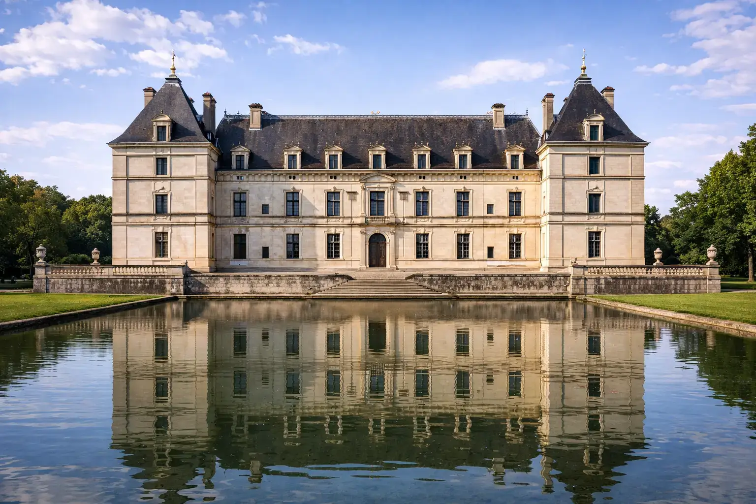 Renaissance Architecture: How Classical Order Shaped European Design French Renaissance chateau with classical symmetry reflected in a formal water basin