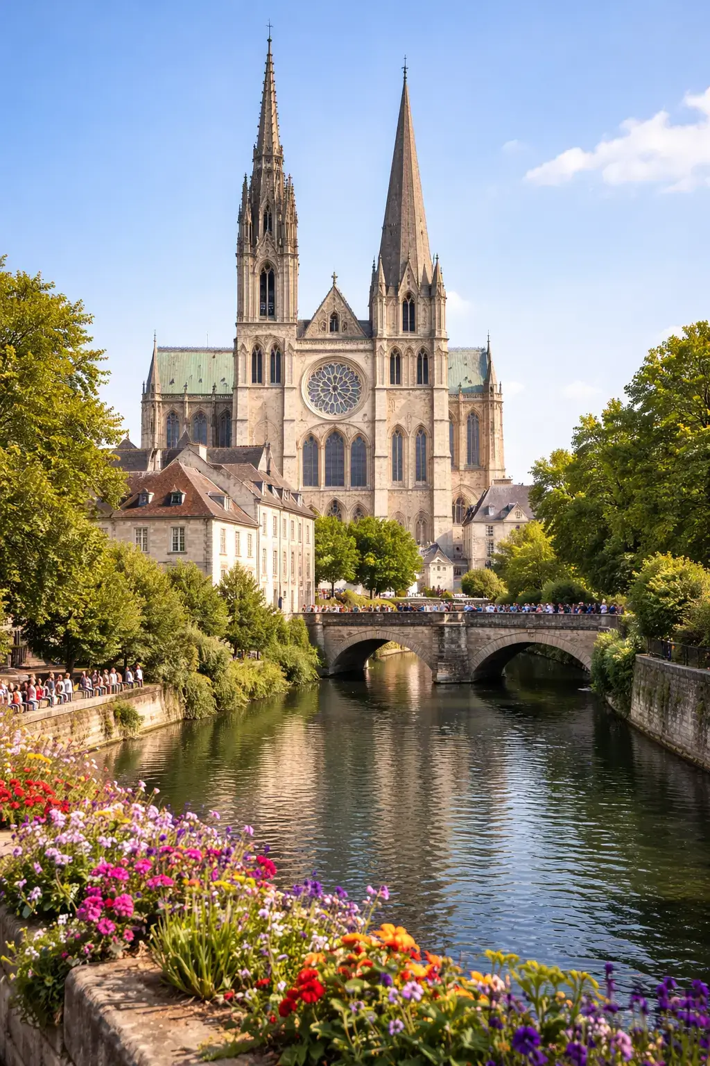 Why Gothic Architecture Looks So Dramatic Gothic cathedral with twin spires rising above a river, bridge, and flowers in the foreground