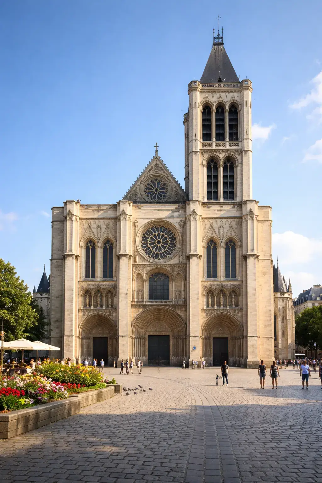 Why Gothic Architecture Looks So Dramatic Front facade of a Gothic cathedral with a rose window, pointed arches, and a tall central tower