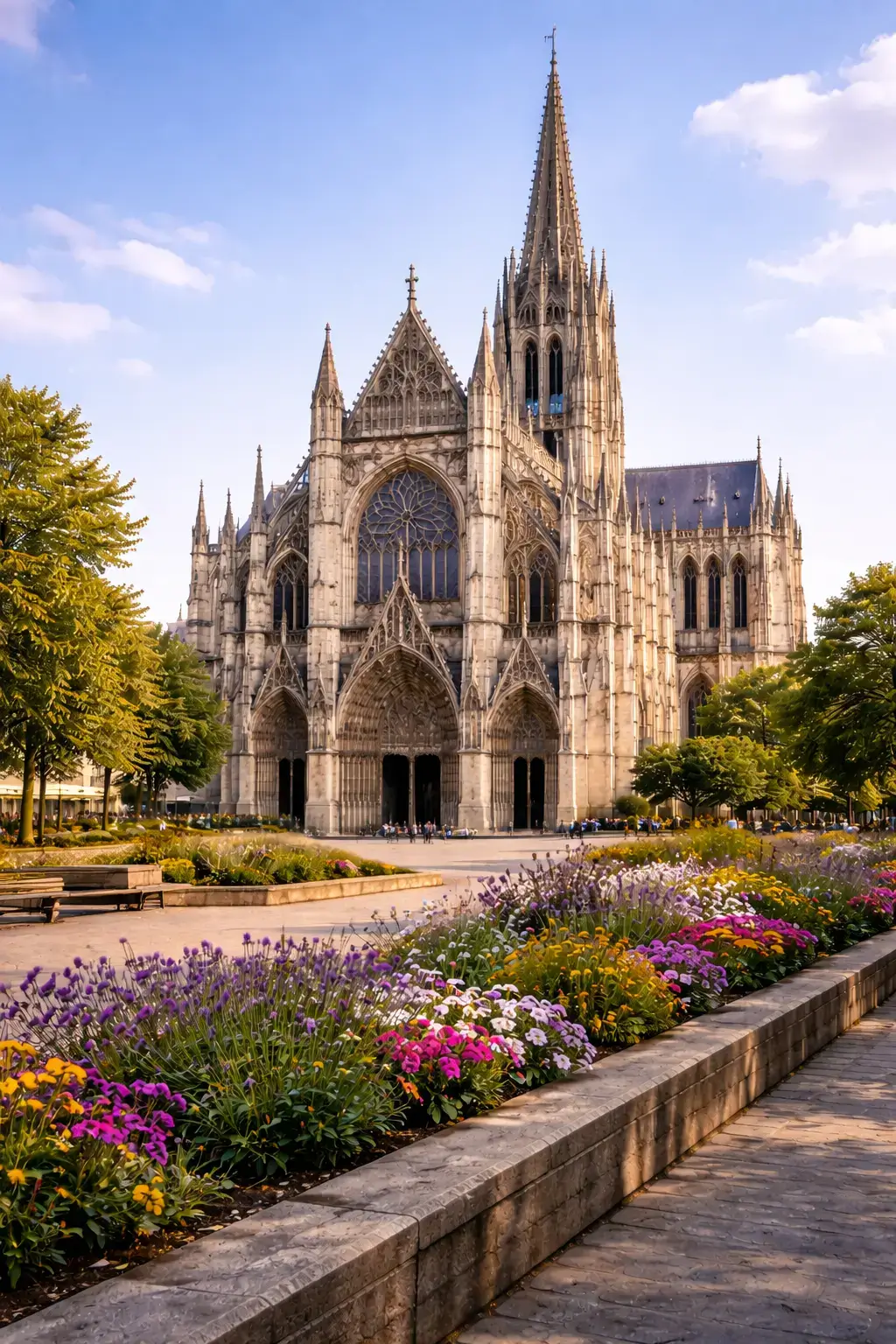 Why Gothic Architecture Looks So Dramatic White stone Gothic cathedral with a tall central spire, pointed arches, and flowers in the foreground