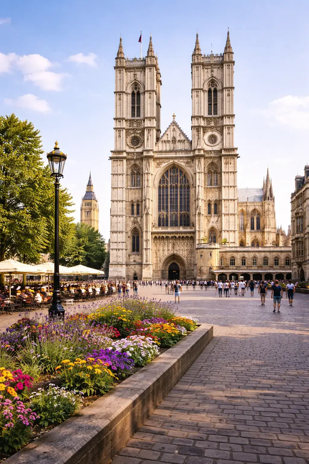 Why Gothic Architecture Looks So Dramatic Light stone Gothic church facade with twin towers, pointed arch entrance, and a cobblestone square
