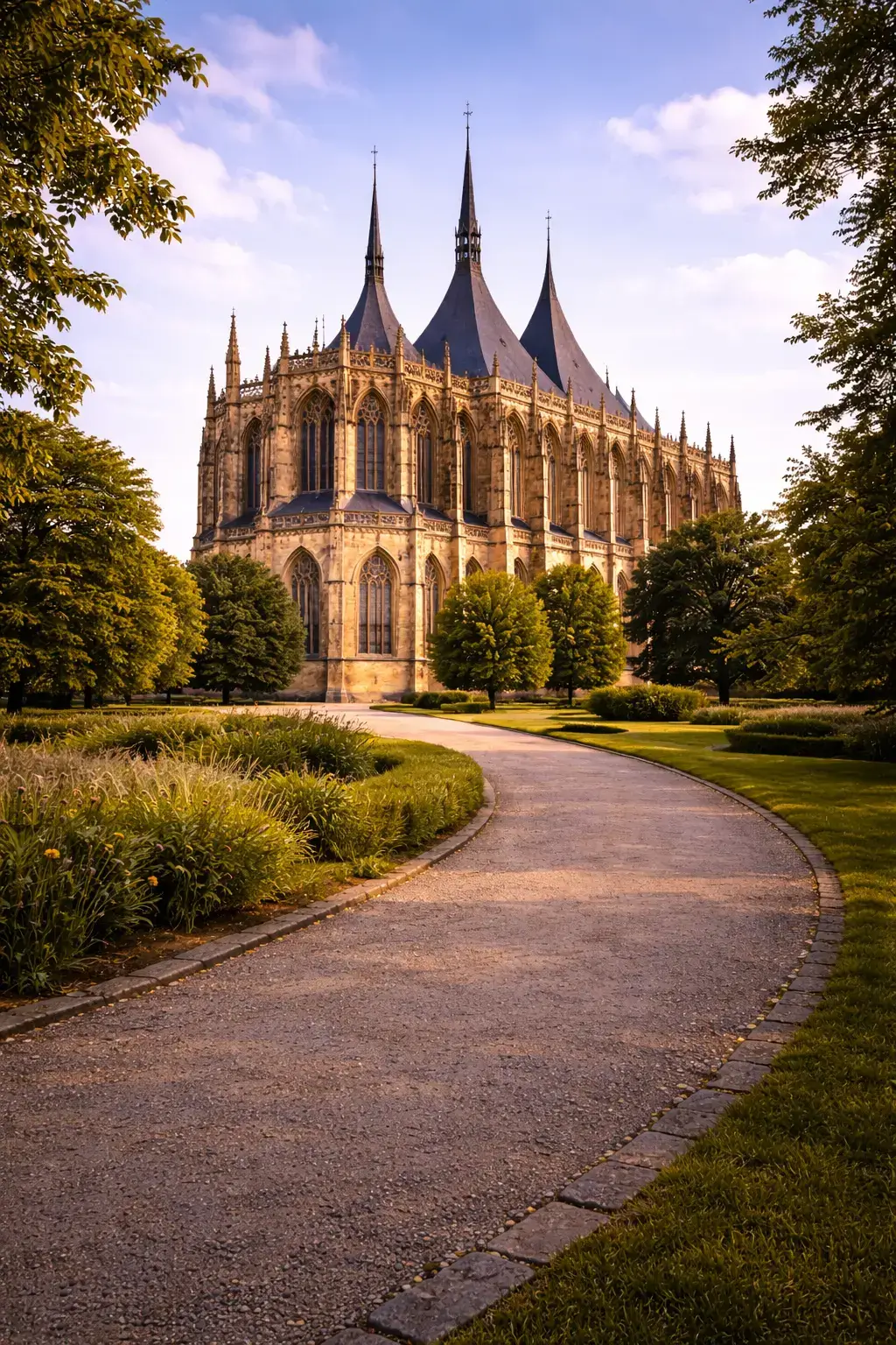 Why Gothic Architecture Looks So Dramatic Large Gothic church with pinnacles and stained-glass windows, approached by a curved garden path.