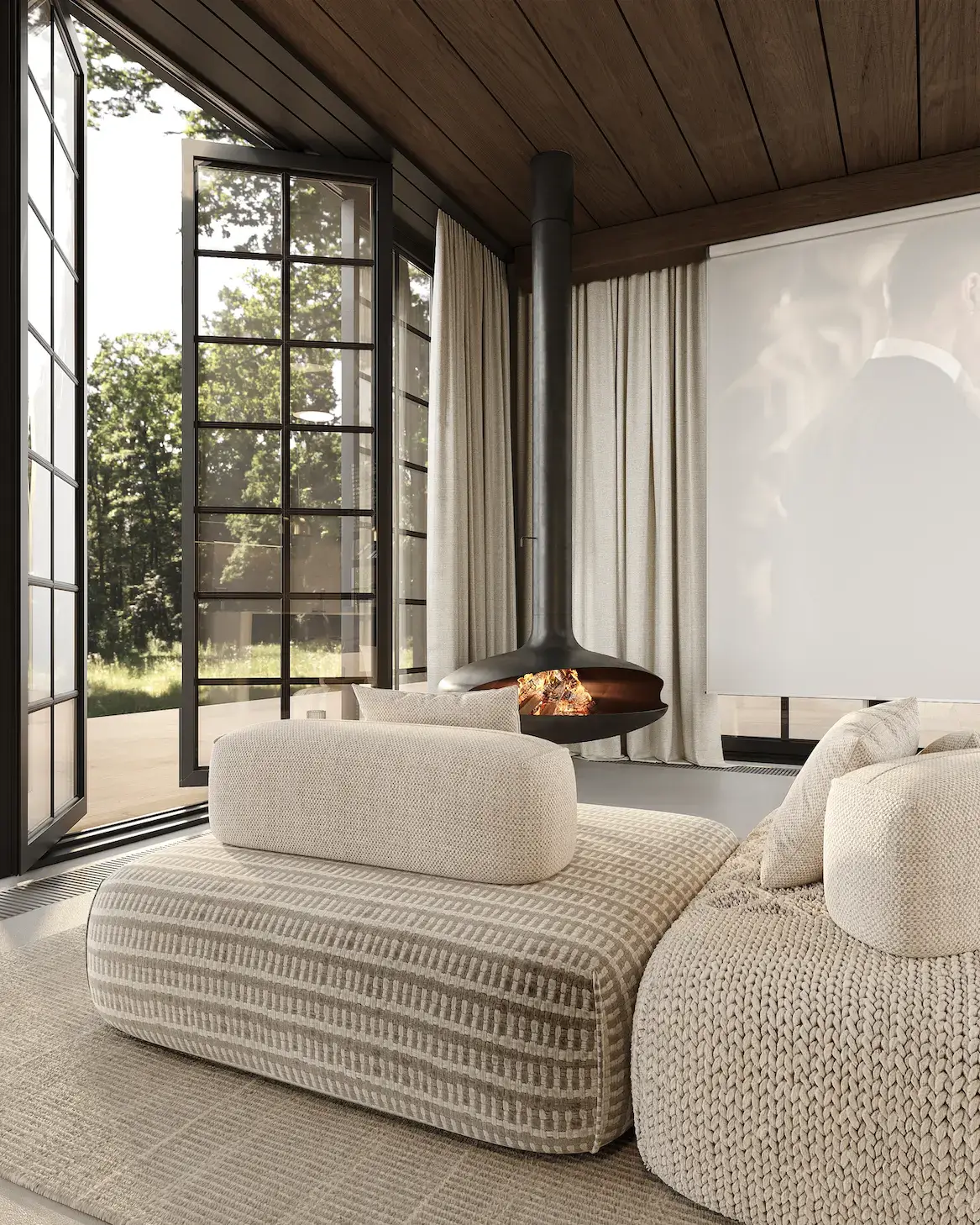 How Much Is a Modular House: Cost Breakdown by Size cozy modular house living room with suspended fireplace and forest view