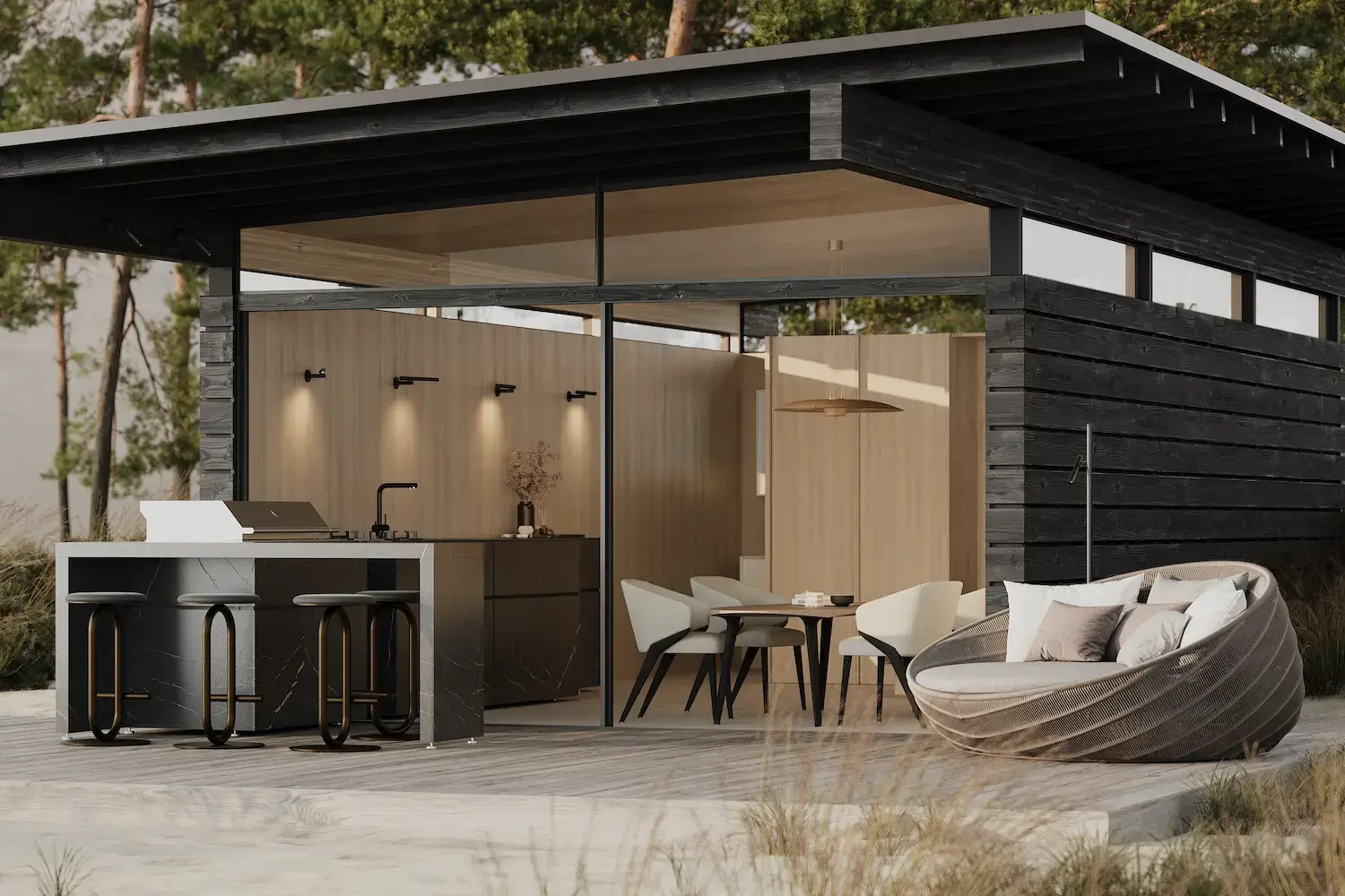 What Is Modular Housing? A Clear Definition and How It Works Luxury prefab house exterior with open-plan kitchen, terrace, and black timber facade