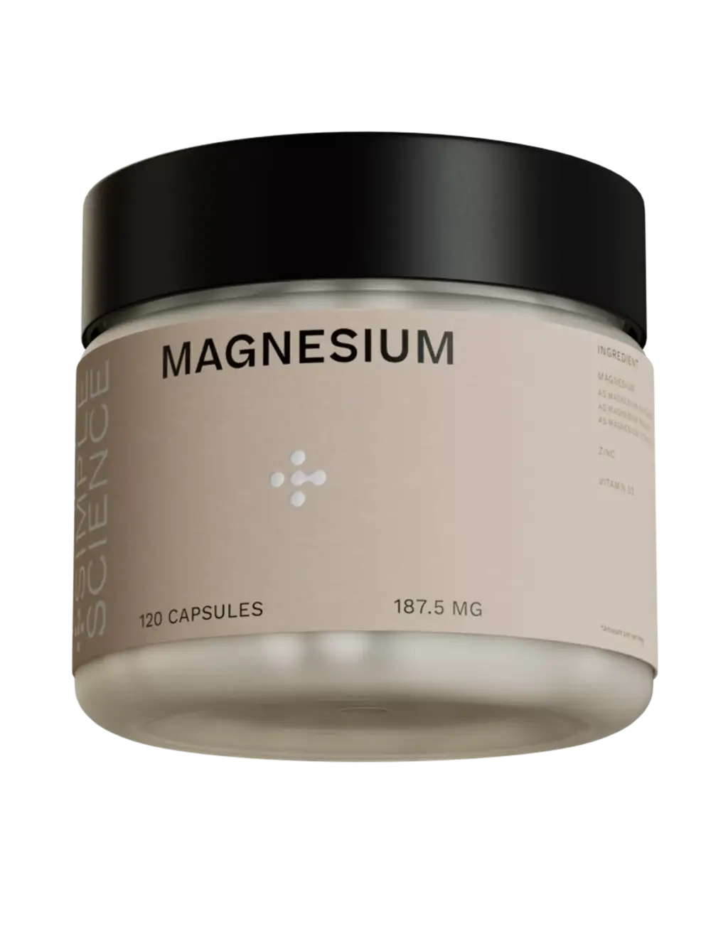 Magnesium supplement capsules jar with black lid, 120 capsules, and 187.5 mg label