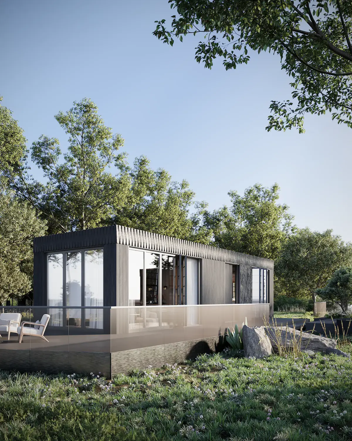 How Much Is a Modular House: Cost Breakdown by Size single-story modular home with glass terrace surrounded by trees