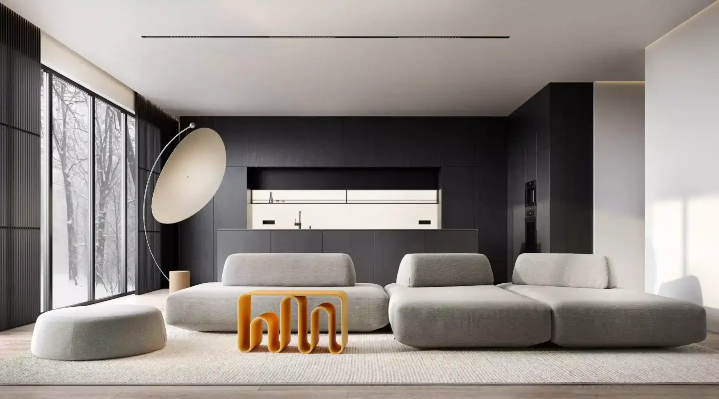 Virtual Staging Cost: Pricing Guide for Real Estate modern virtual staging living room interior with designer furniture example