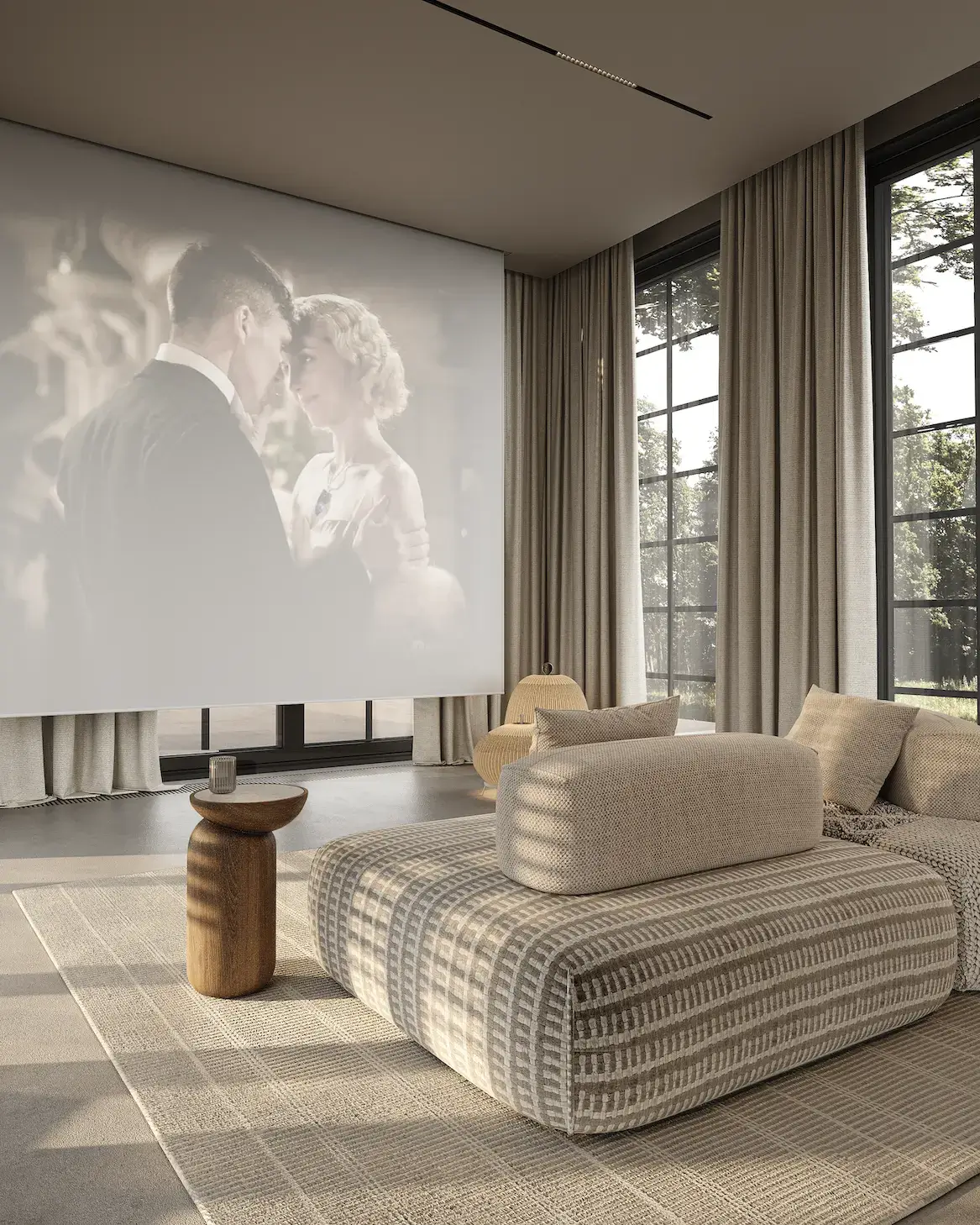 How Much Is a Modular House: Cost Breakdown by Size minimalist modular home living room with projector screen and soft lounge seating