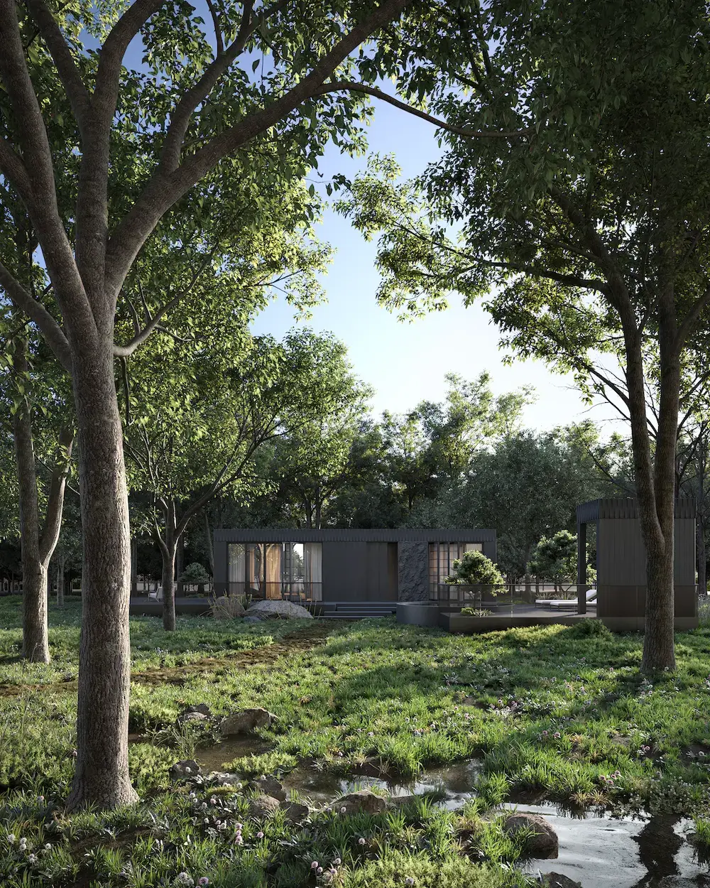 How Much Is a Modular House: Cost Breakdown by Size modern modular house in a forest landscape with a stream and panoramic glazing
