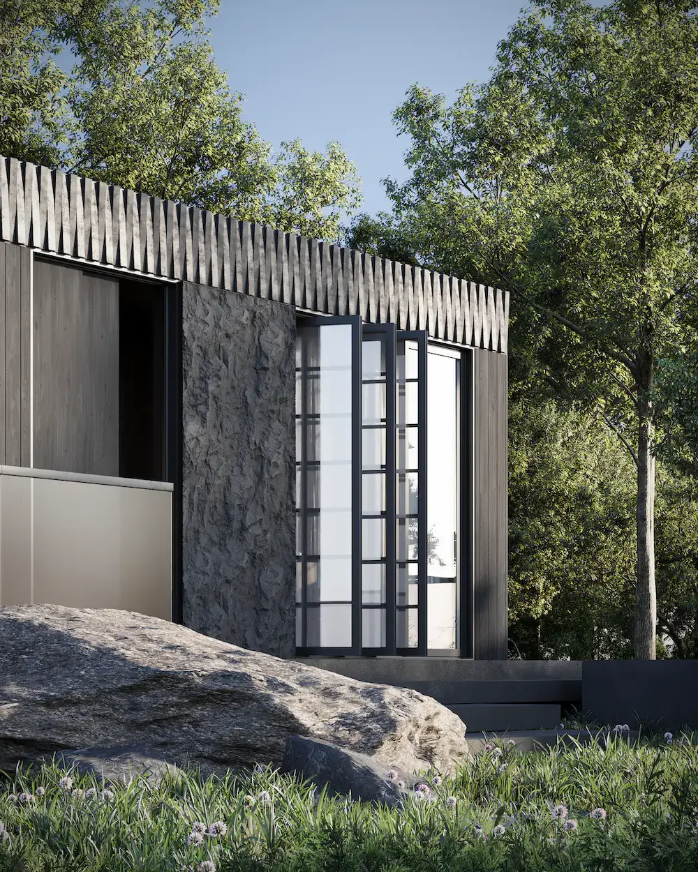 How Much Is a Modular House: Cost Breakdown by Size close-up of modular house facade with folding glass doors and dark cladding