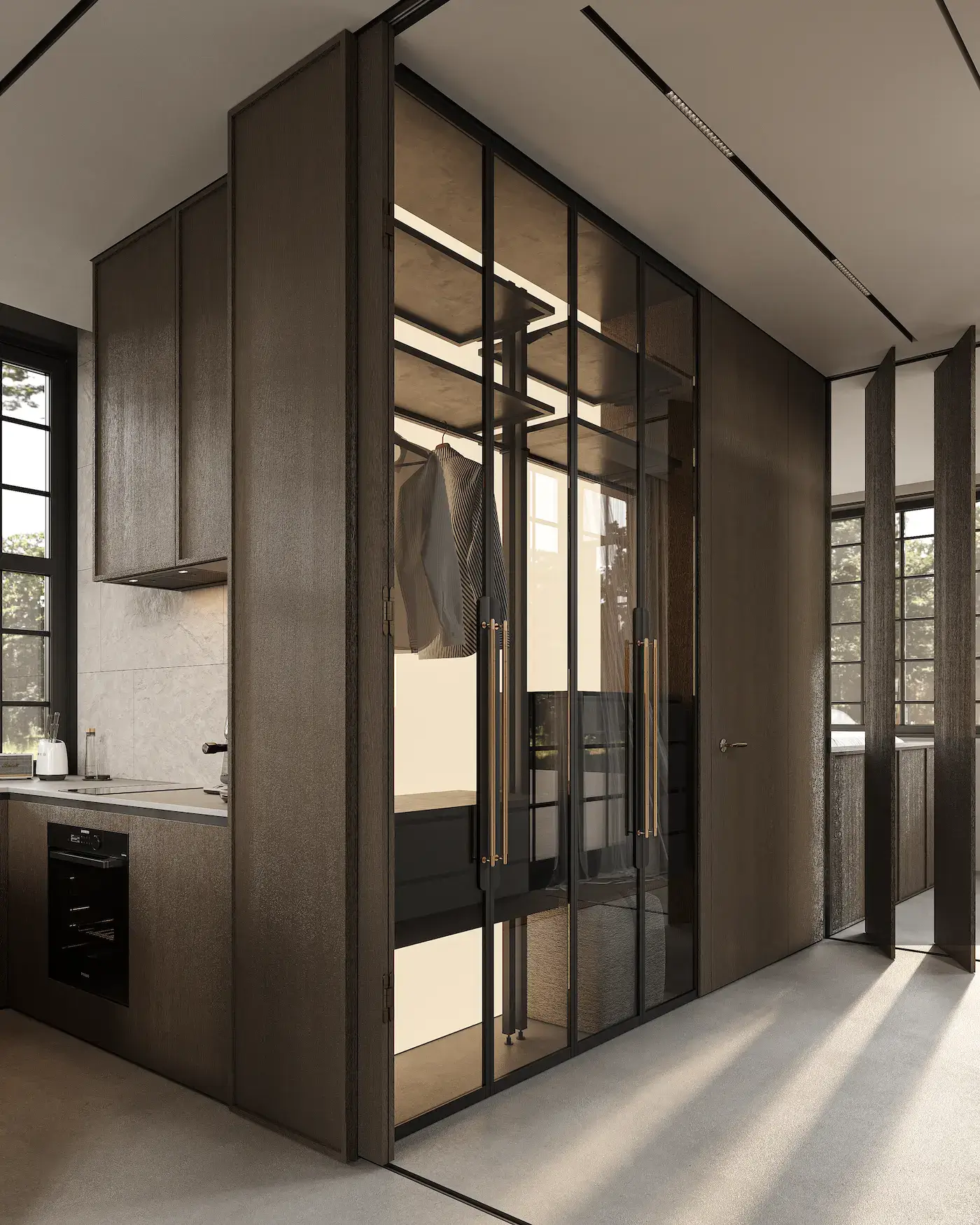 How Much Is a Modular House: Cost Breakdown by Size modular home interior with dark wood kitchen and glass wardrobe partition