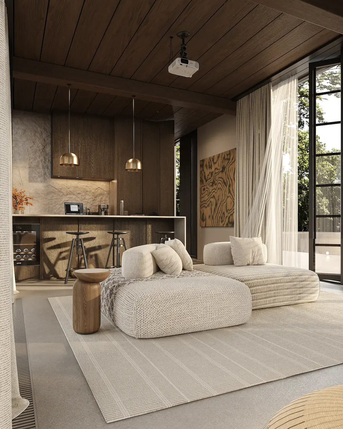 How Much Is a Modular House: Cost Breakdown by Size modern modular home interior with lounge seating, kitchen island, and floor-to-ceiling windows