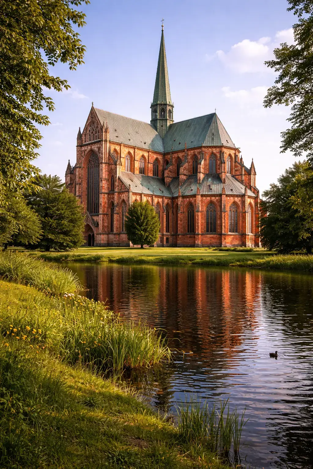 Why Gothic Architecture Looks So Dramatic Red brick Gothic church beside a lake with a tall spire, pointed arches, and reflected evening light