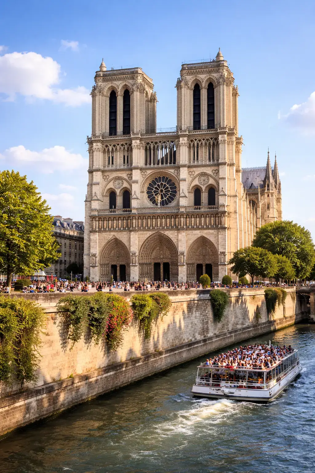 Why Gothic Architecture Looks So Dramatic Stone Gothic cathedral beside a river with a rose window, pointed arches, and a sightseeing boat