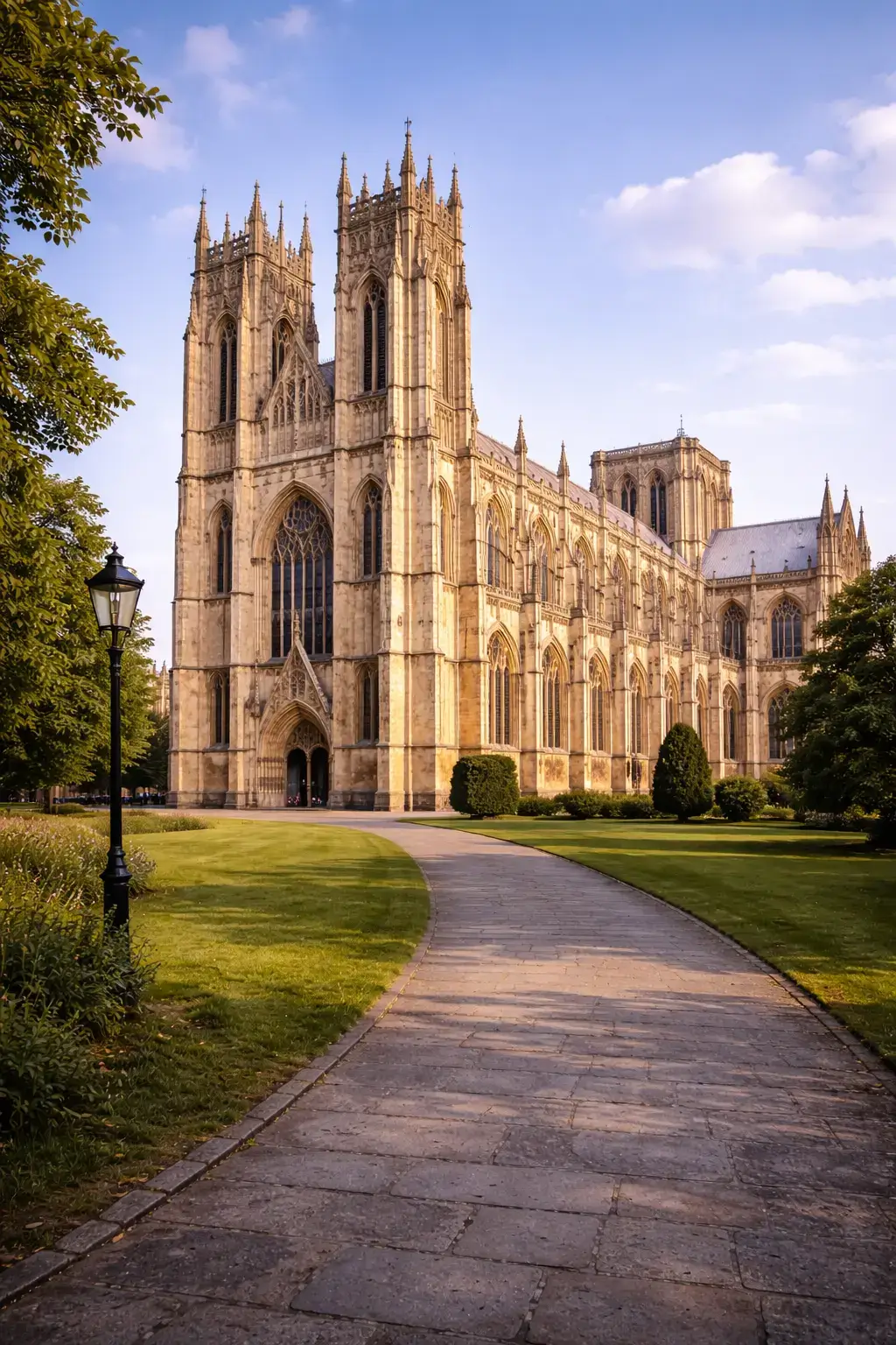 Why Gothic Architecture Looks So Dramatic Side view of a Gothic cathedral with tall buttresses, lancet windows, and a curved garden path