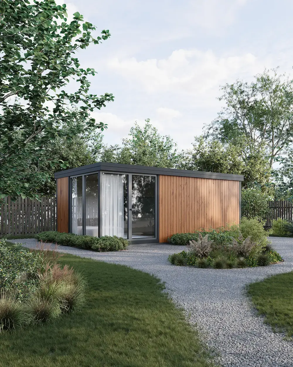 What Is Modular Housing? A Clear Definition and How It Works Small prefab home with wood cladding and floor-to-ceiling glazing in a landscaped garden