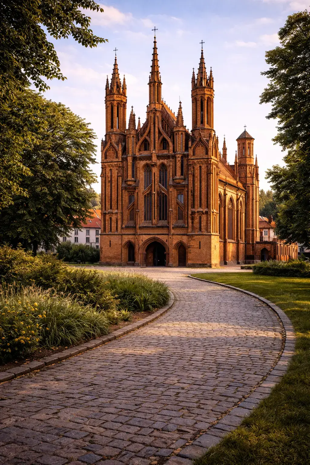 Why Gothic Architecture Looks So Dramatic Red brick Gothic church with three spires, pointed arches, and a curved path through formal planting
