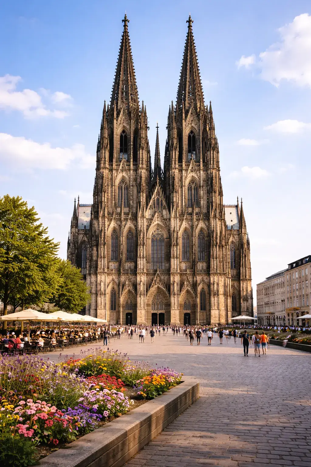 Why Gothic Architecture Looks So Dramatic Dark stone Gothic cathedral with twin spires, pointed arches, and colorful flowers in the plaza.