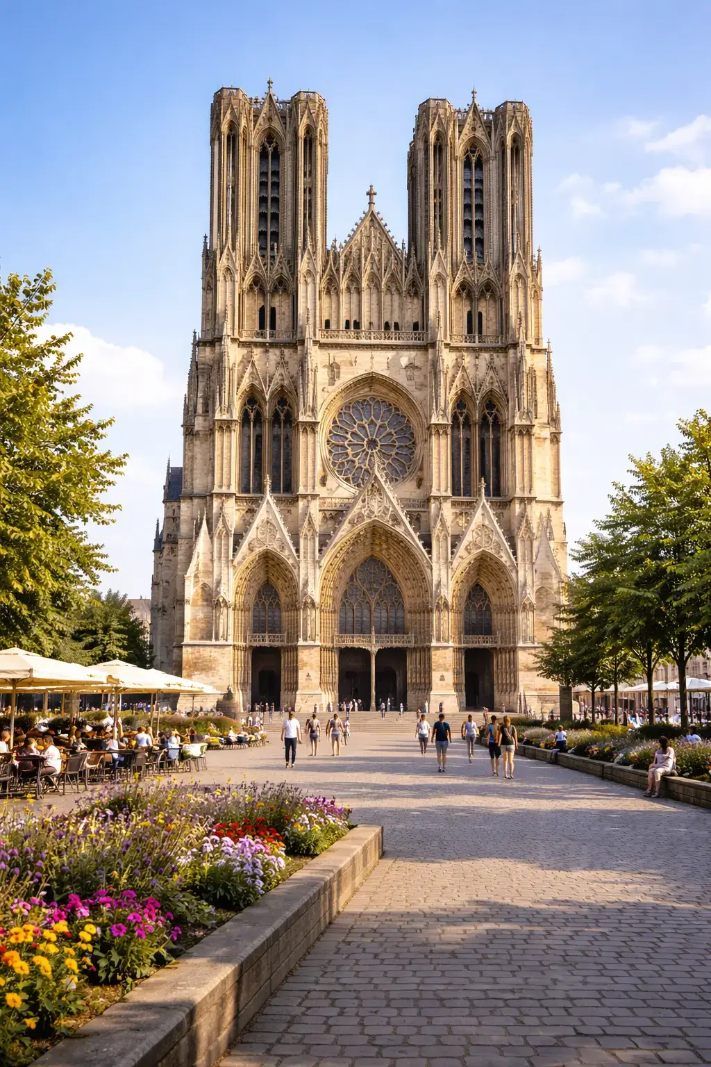 Why Gothic Architecture Looks So Dramatic Frontal view of a Gothic cathedral with twin towers, a rose window, and flower beds in the square