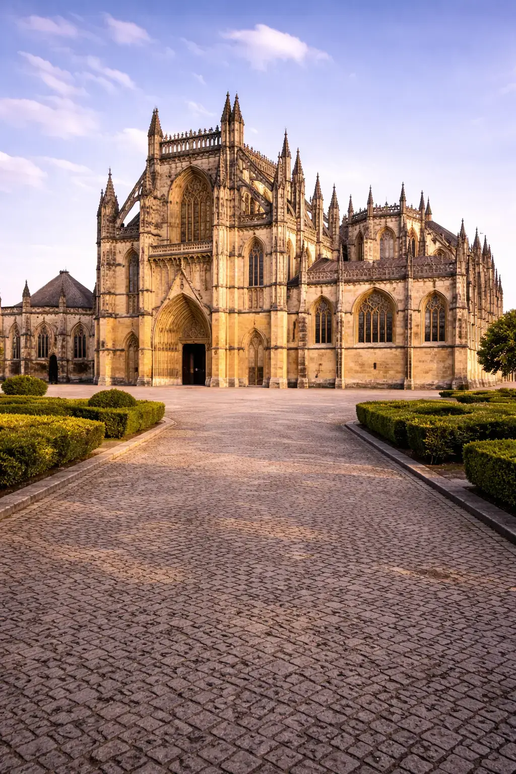 Why Gothic Architecture Looks So Dramatic Wide-angle view of a Gothic cathedral with buttresses, pinnacles, and a symmetrical forecourt