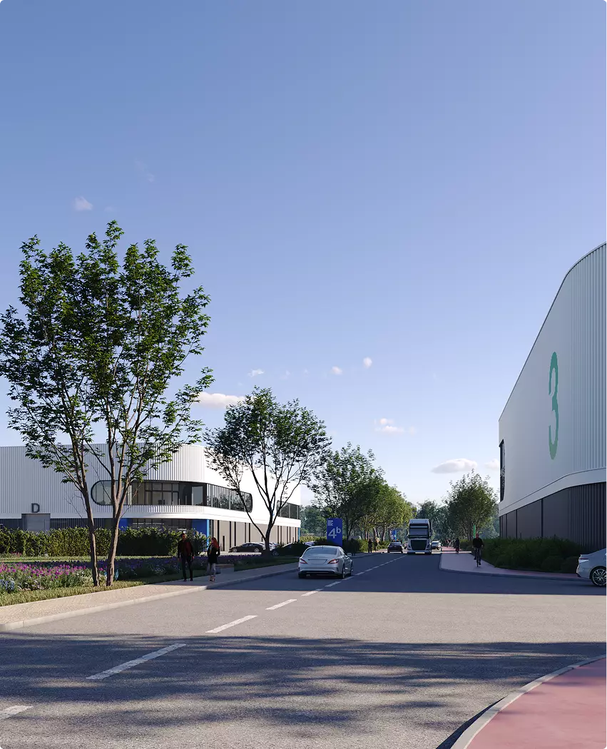 Aerial rendering of logistics center road with cars, truck, trees, and warehouse buildings