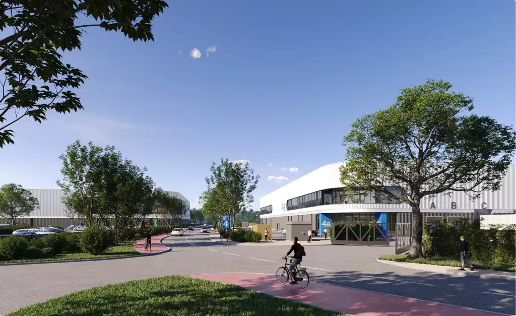 Aerial rendering of logistics center street with cyclists, trees, and modern warehouse buildings