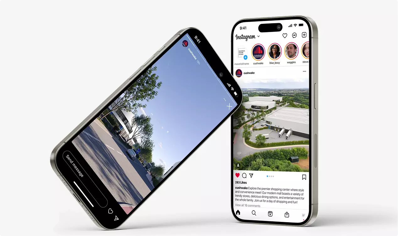 Aerial rendering of smartphones displaying logistics center images on social media interface