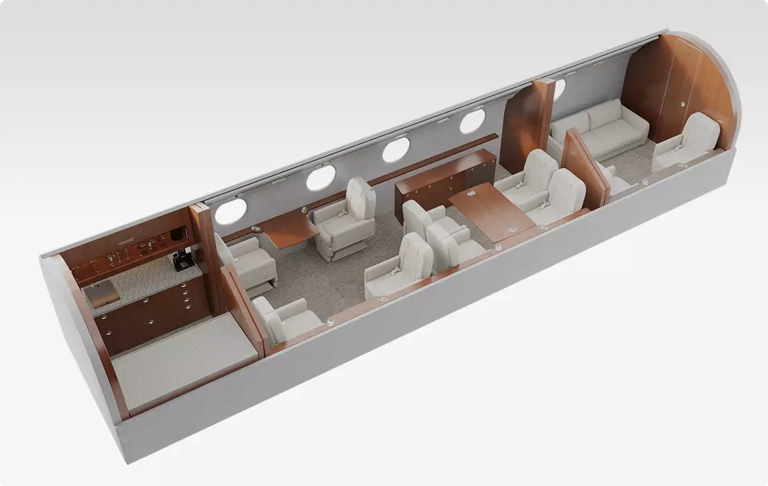 Aircraft design cutaway of private jet cabin layout with seats, tables, galley, lounge, and oval windows