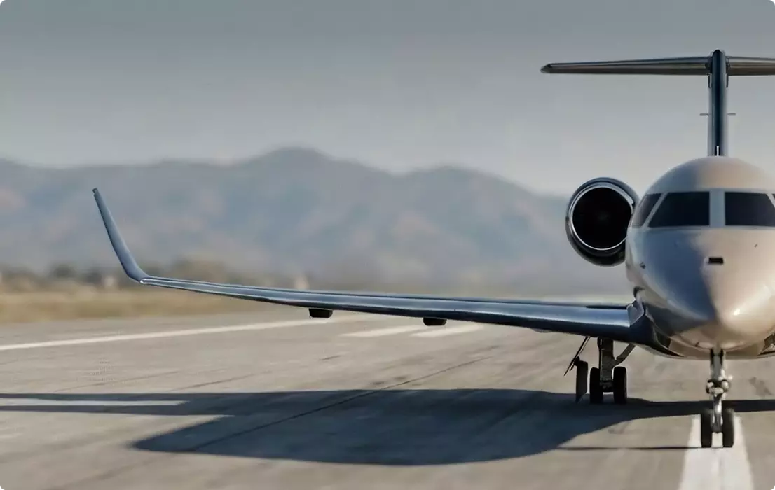 Aircraft design close-up of private jet nose, wing, landing gear, and engine on runway