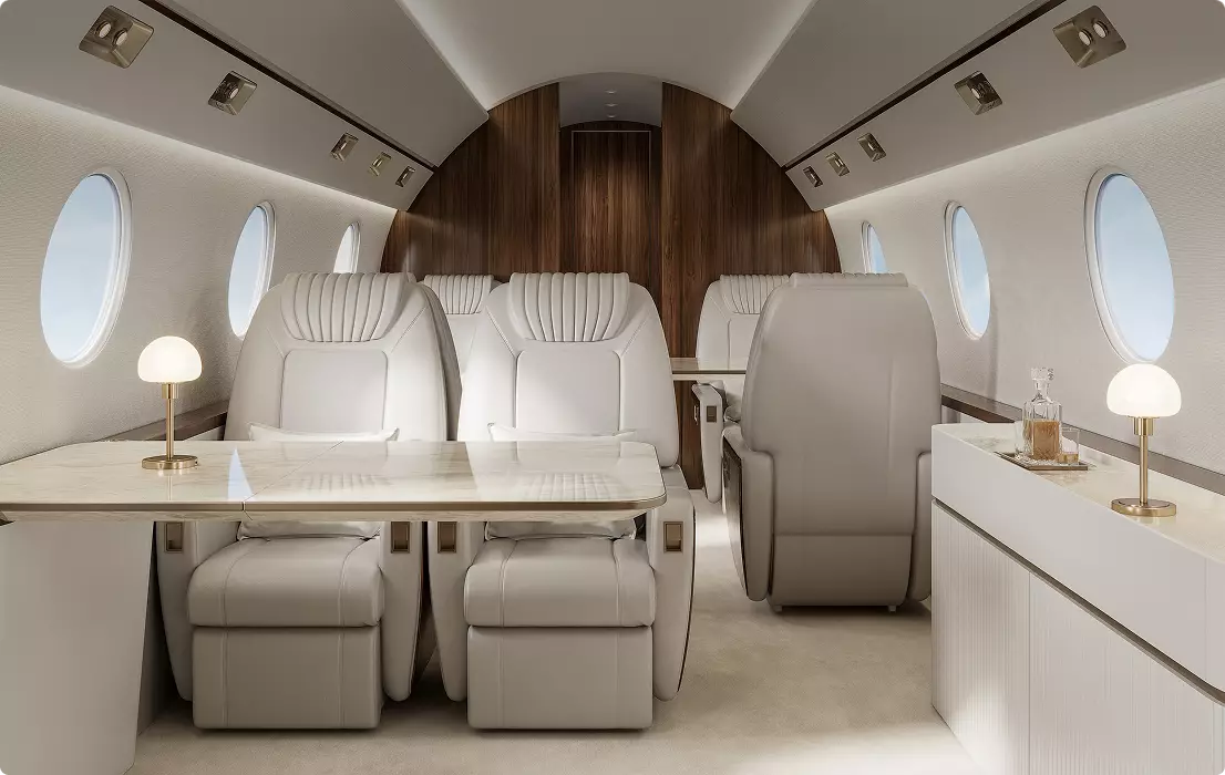 Aircraft design rendering of luxury jet cabin with white seats, tables, oval windows, and wood panels