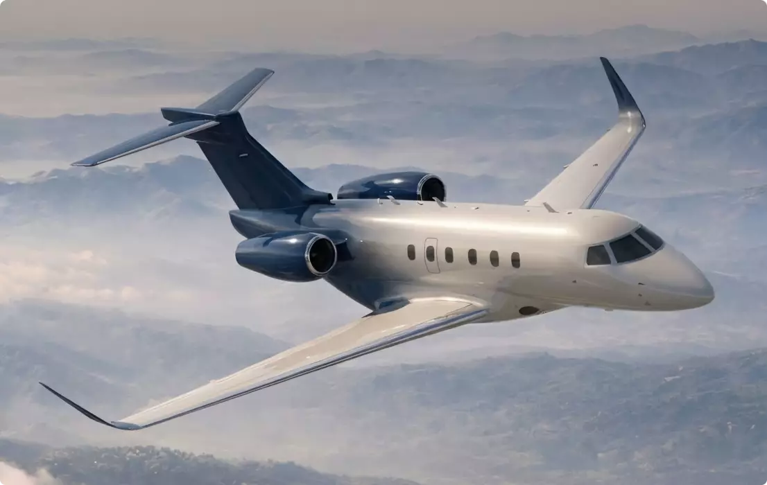 Aircraft design rendering of private jet flying above hazy mountains with swept wings and rear engines