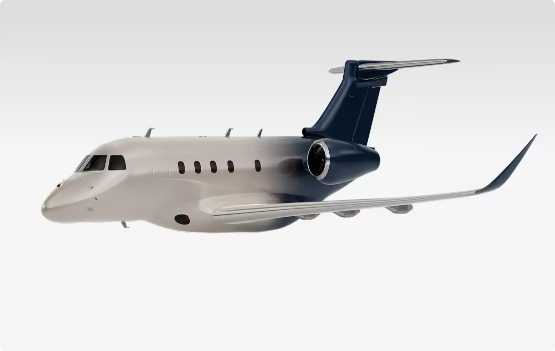 Aircraft design side rendering of private jet with swept wings, rear engine, and dark tail on white background