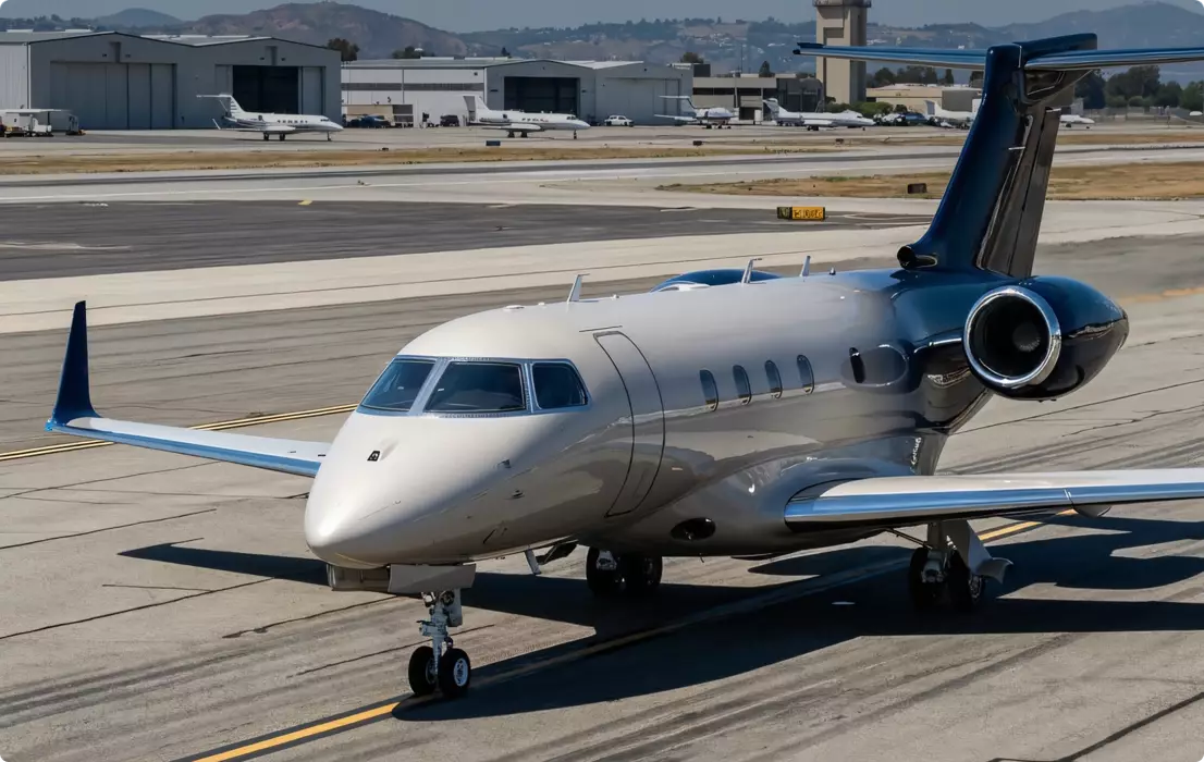 Aircraft design view of private jet parked on airport tarmac with hangars and control tower behind