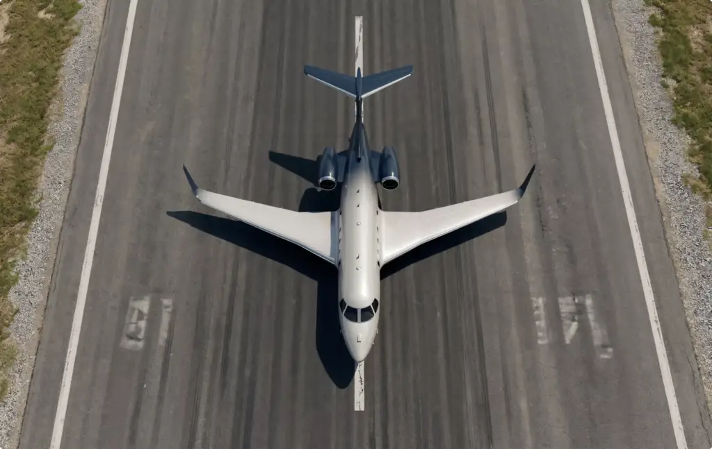 Top view of private jet on runway for aircraft rendering portfolio