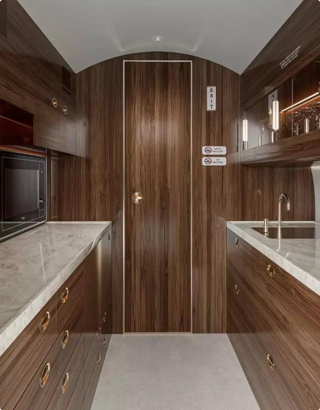 Luxury private jet galley interior with wood cabinets for aircraft rendering portfolio