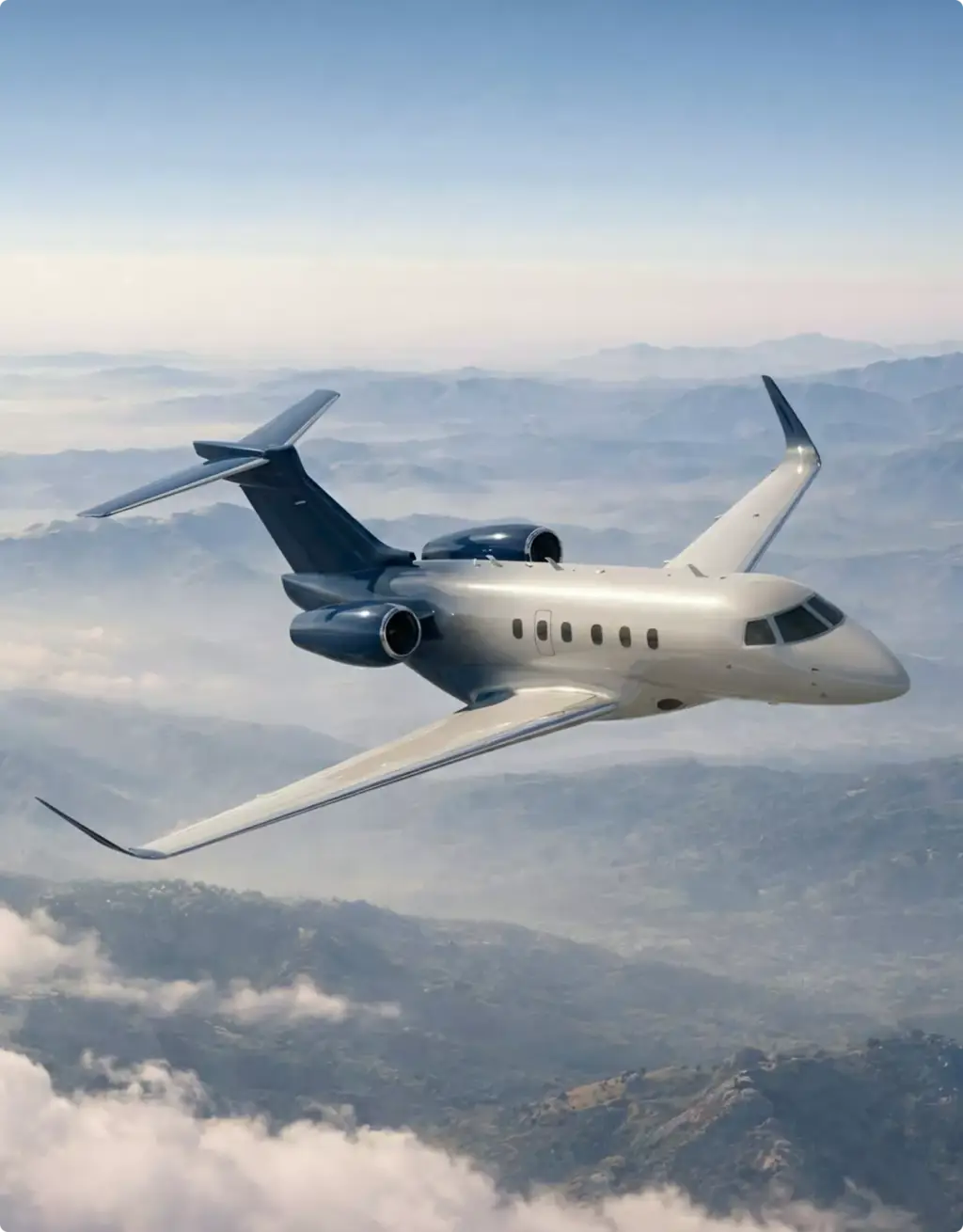 Private jet flying above mountain clouds for aircraft rendering portfolio