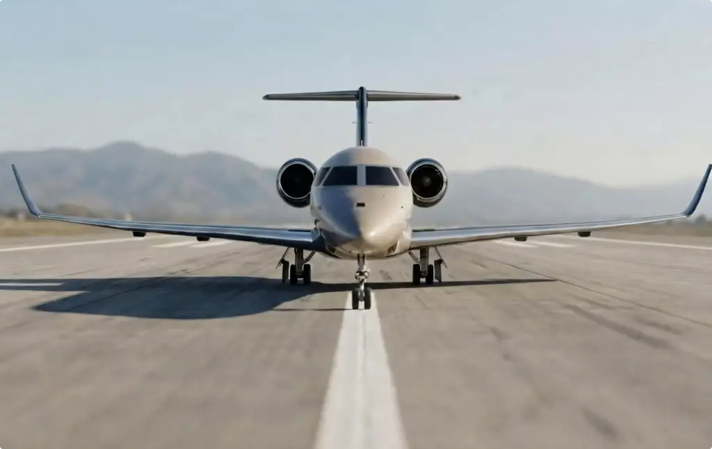 Front view of private jet on runway for aircraft rendering portfolio