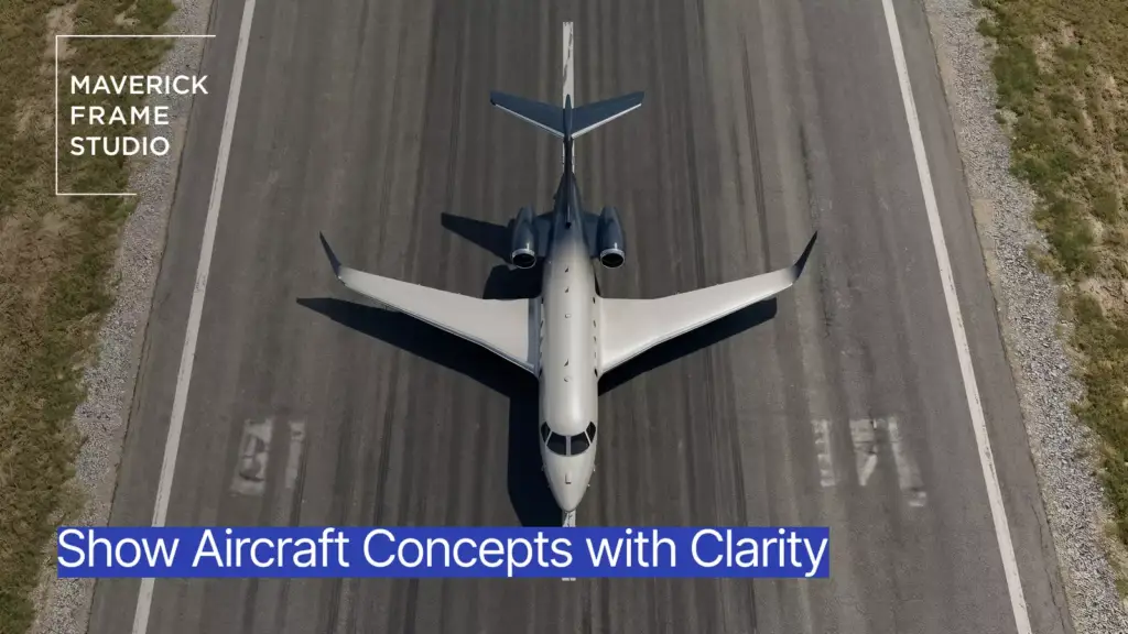 Aircraft design promo with private jet on runway from above and clarity text overlay