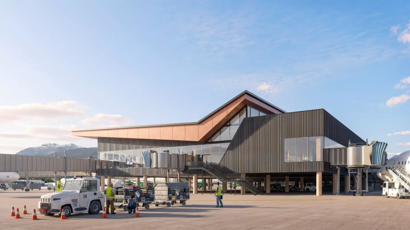 Best 3D Rendering Companies in the USA for Architectural Visualization & Real Estate in 2026 Airport terminal exterior, 3D rendering company USA, planes, vehicles and modern structure