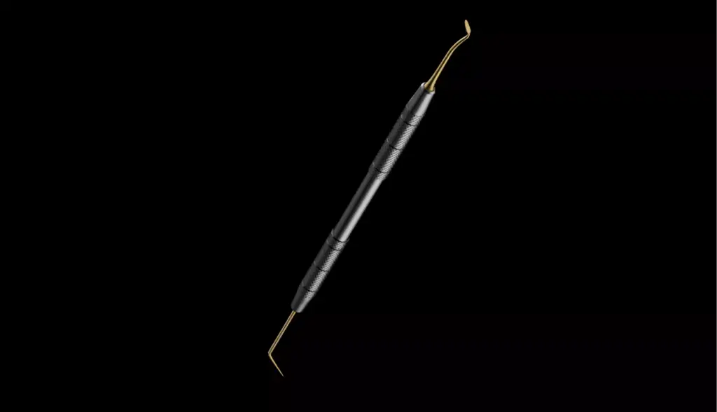 Animation For Dental Innovation showing dual ended dental scaler tool with gold precision tips