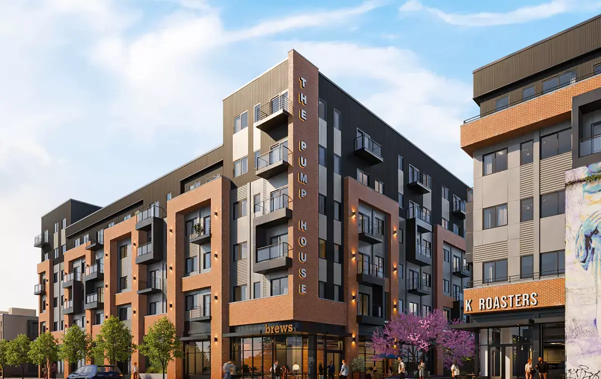 Best 3D Rendering Companies in the USA for Architectural Visualization & Real Estate in 2026 Apartment building with balconies, 3D rendering company USA, street shops and people