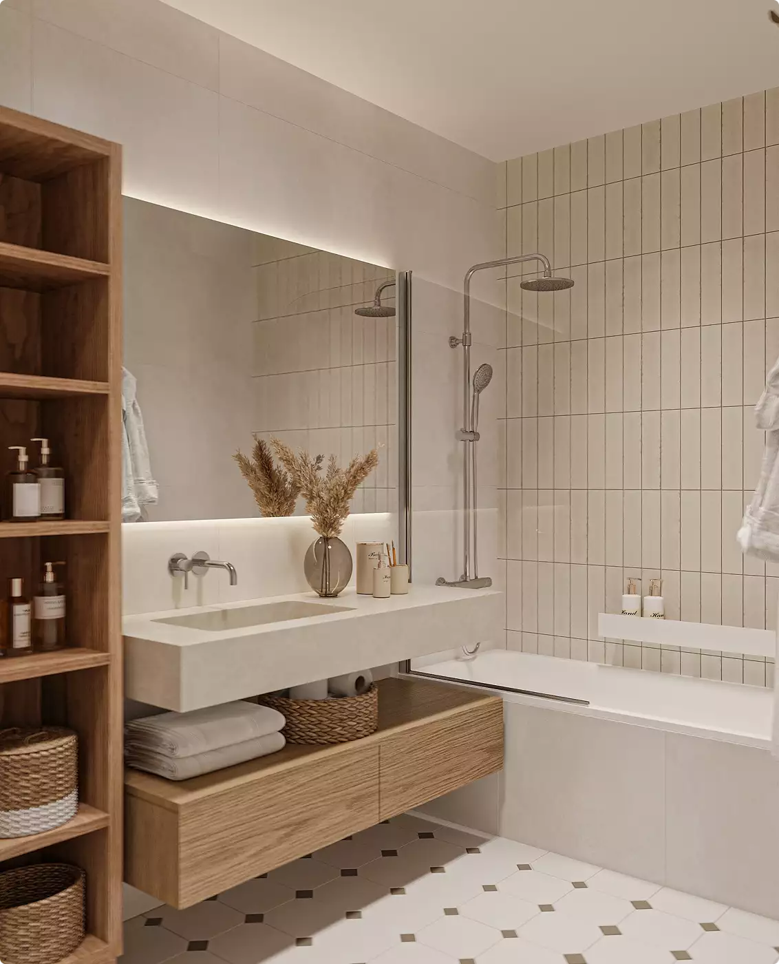 Bathroom in apartment interior with sink, tub, vertical tiles, and mirror lighting