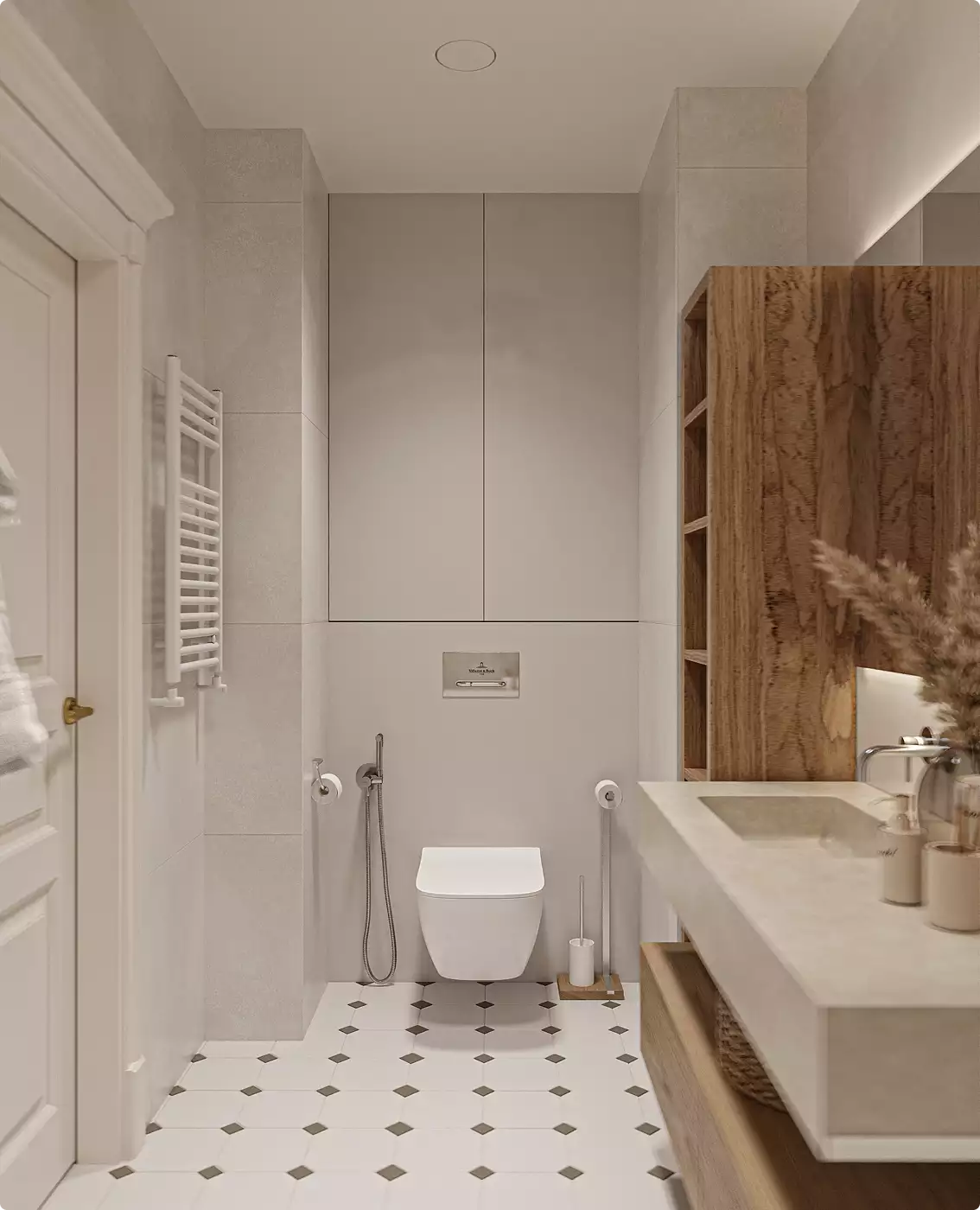 Bathroom in apartment interior with toilet, wall tiles, and compact layout