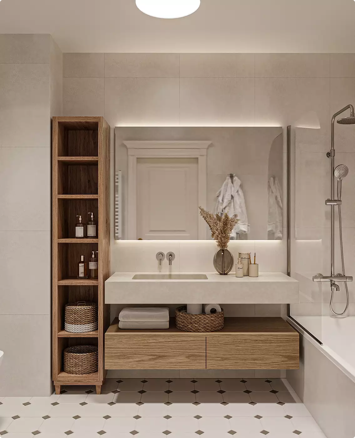 Bathroom vanity in apartment interior with wood cabinet, mirror, sink, and woven baskets